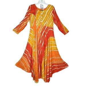 Womens Maxi Dress XL Red Orange Gold Flowy Assymetrical Abstract Bohemian Resort